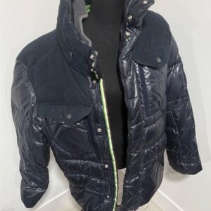 Navy Puffer Jacket with Green Accents